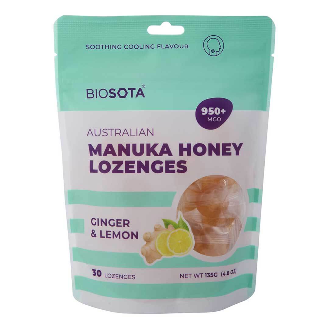 Manuka honey lozenges ginger and lemon 4.8oz front