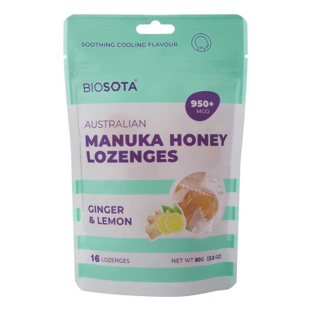 Manuka honey lozenges ginger and lemon 2.8oz front