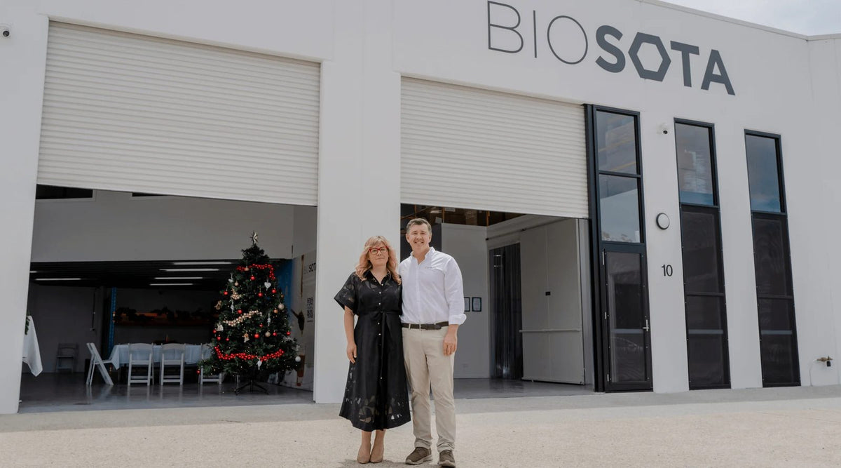 Biosota co-founders outside the Biosota Manuka honey production facility on the Gold Coast