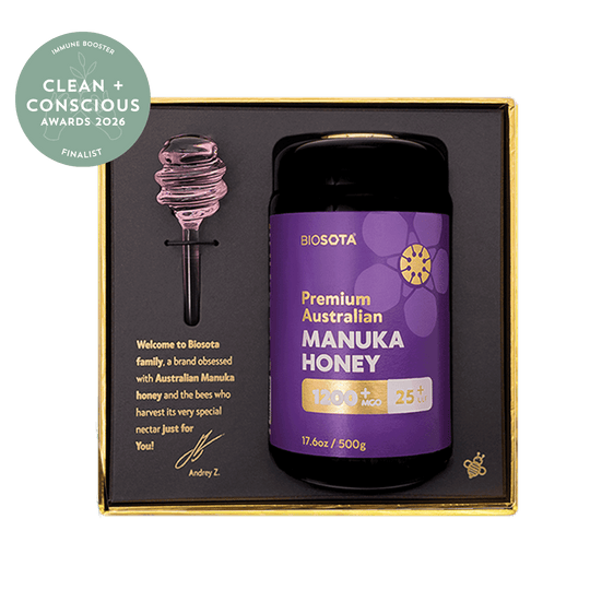 Biosota Organics Manuka Honey MGO 1200+ 500g luxury gift open box clean and conscious finalist 