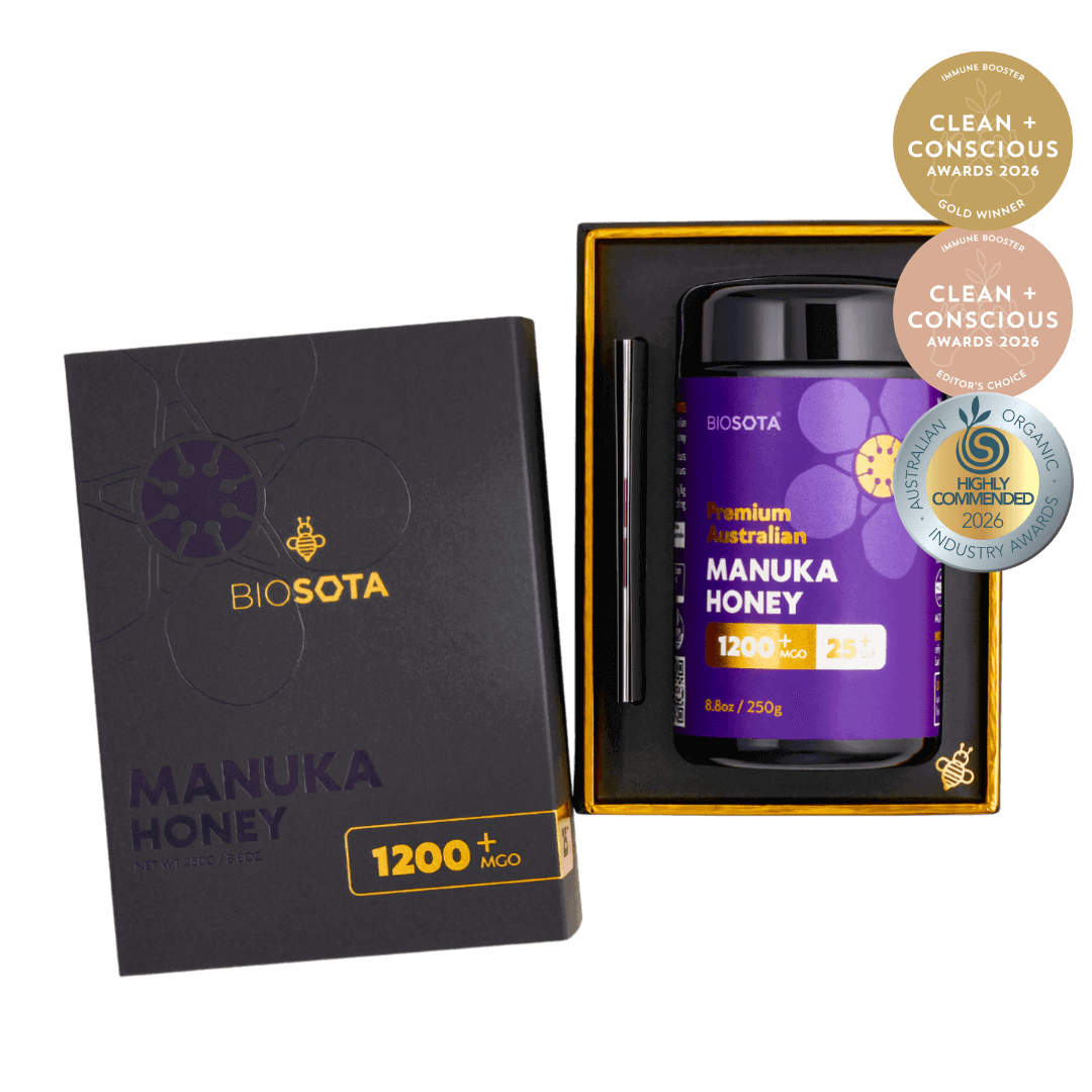 Biosota Gift Box MGO 1200+ (250g) open box with 2026 award wining logos