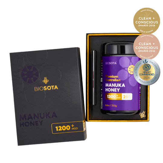 Biosota Gift Box MGO 1200+ (250g) open box with 2026 award wining logos