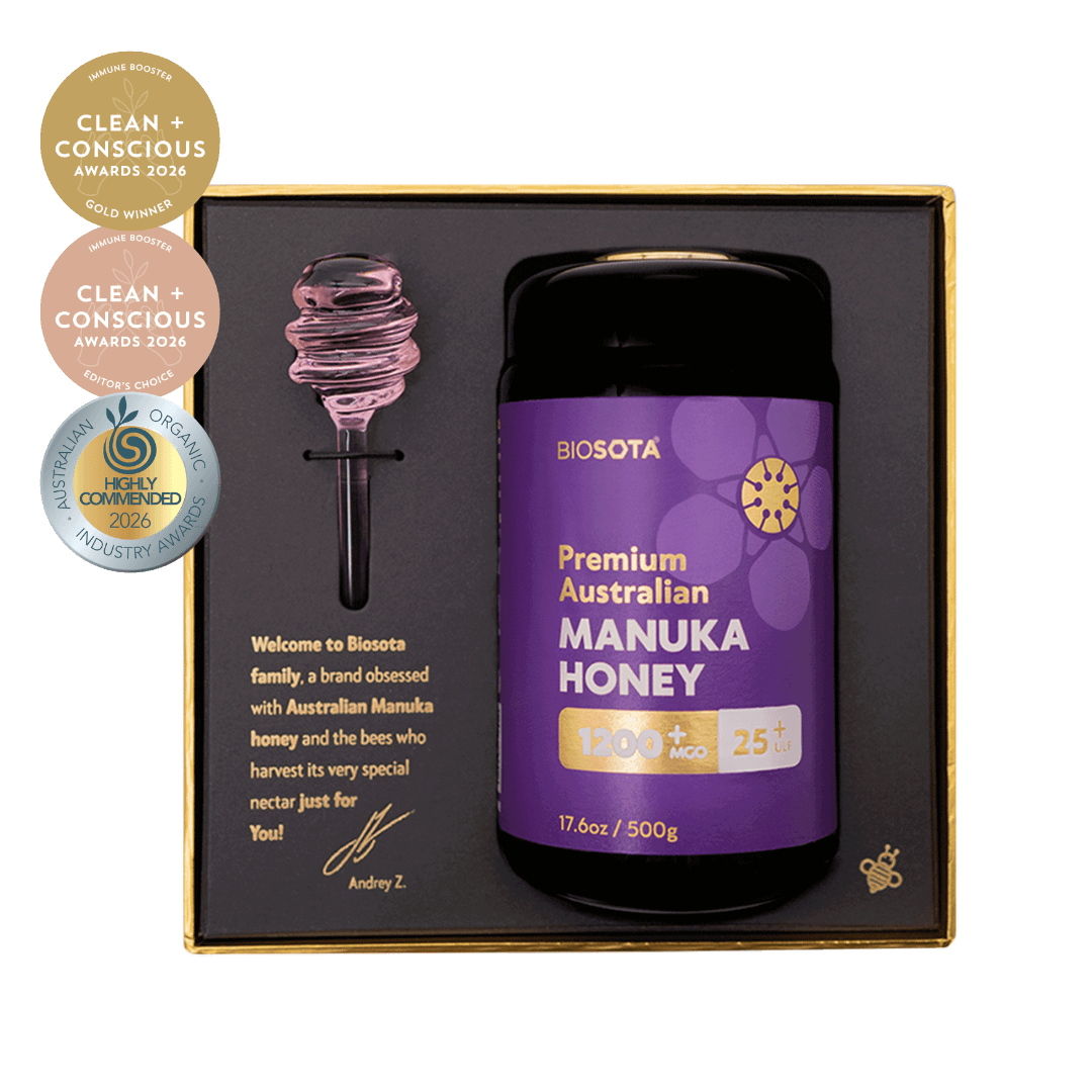 Biosota Gift Box MGO 1200+ (500g) open box with 2026 award wining logos