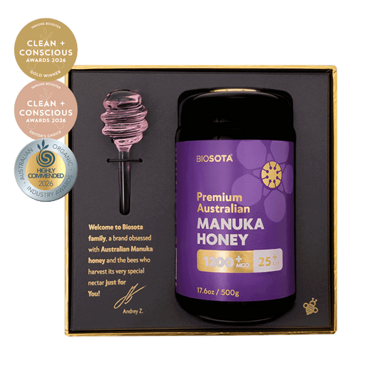 Biosota Gift Box MGO 1200+ (500g) open box with 2026 award wining logos
