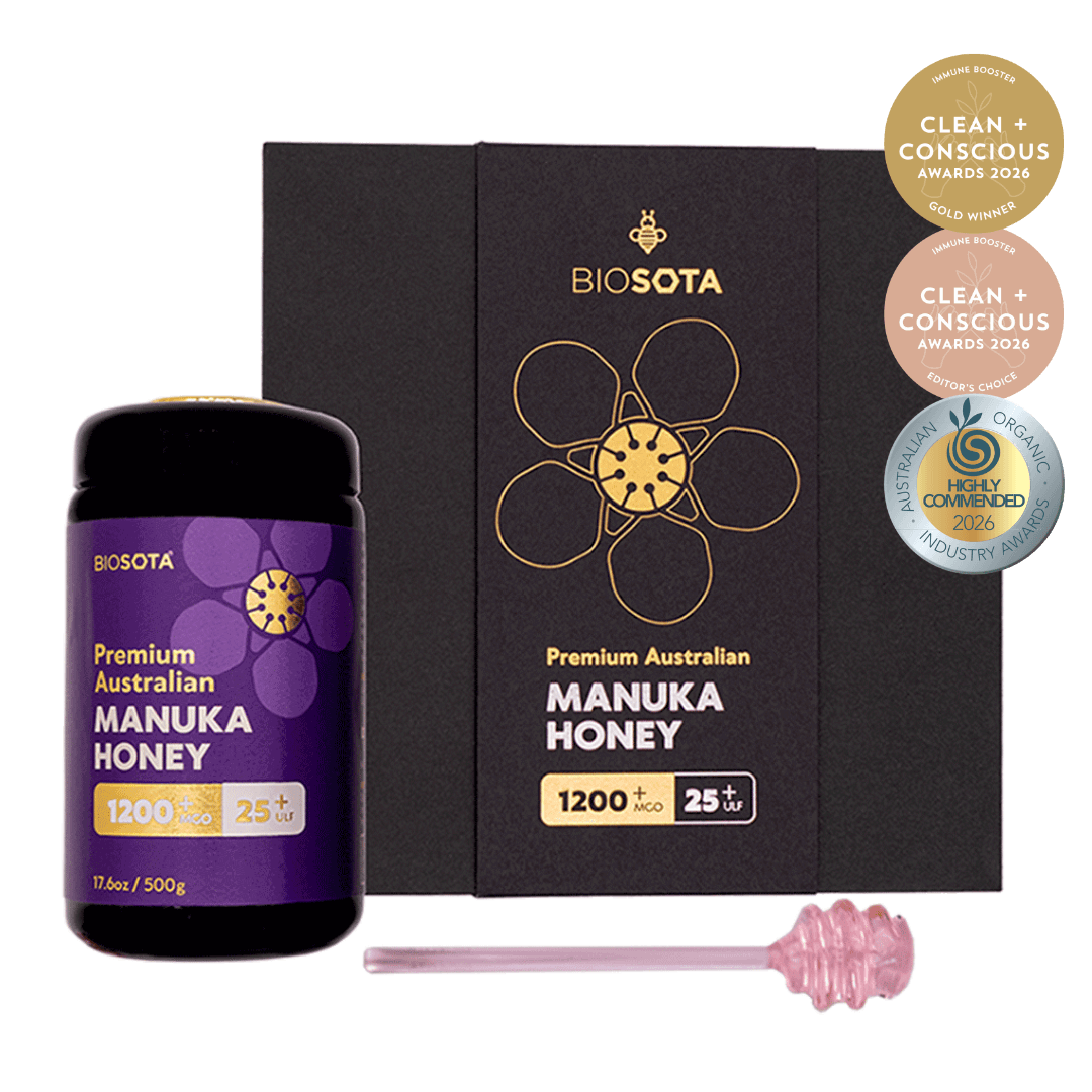 Biosota Gift Box MGO 1200+ (500g) with 2026 award wining logos