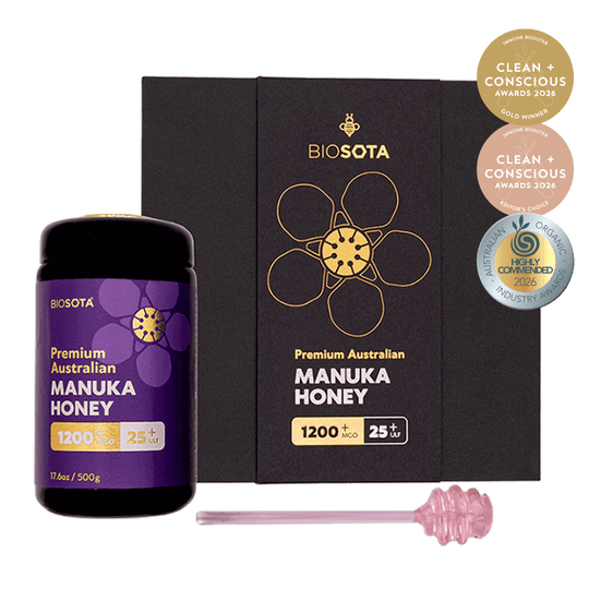 Biosota Gift Box MGO 1200+ (500g) with 2026 award wining logos