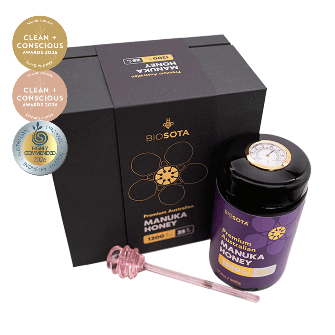 Biosota Gift Box MGO 1200+ (500g) with 2026 award wining logos and temperature sensor lid