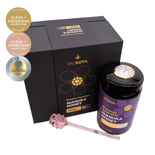 Biosota Gift Box MGO 1200+ (500g) with 2026 award wining logos and temperature sensor lid