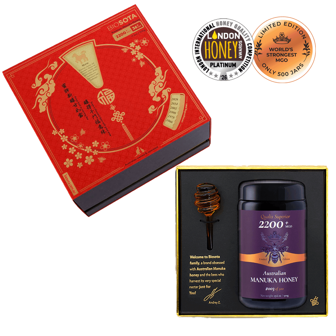 Premium Biosota Organics Manuka Honey MGO 2200+17.6ozLunar New Year Open luxury gift Box with glass and honey dipper