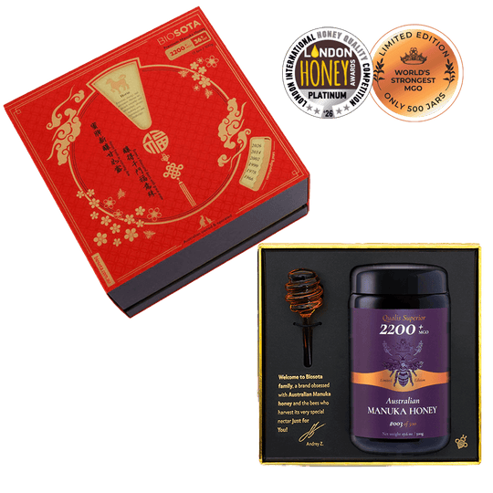 Premium Biosota Organics Manuka Honey MGO 2200+17.6ozLunar New Year Open luxury gift Box with glass and honey dipper