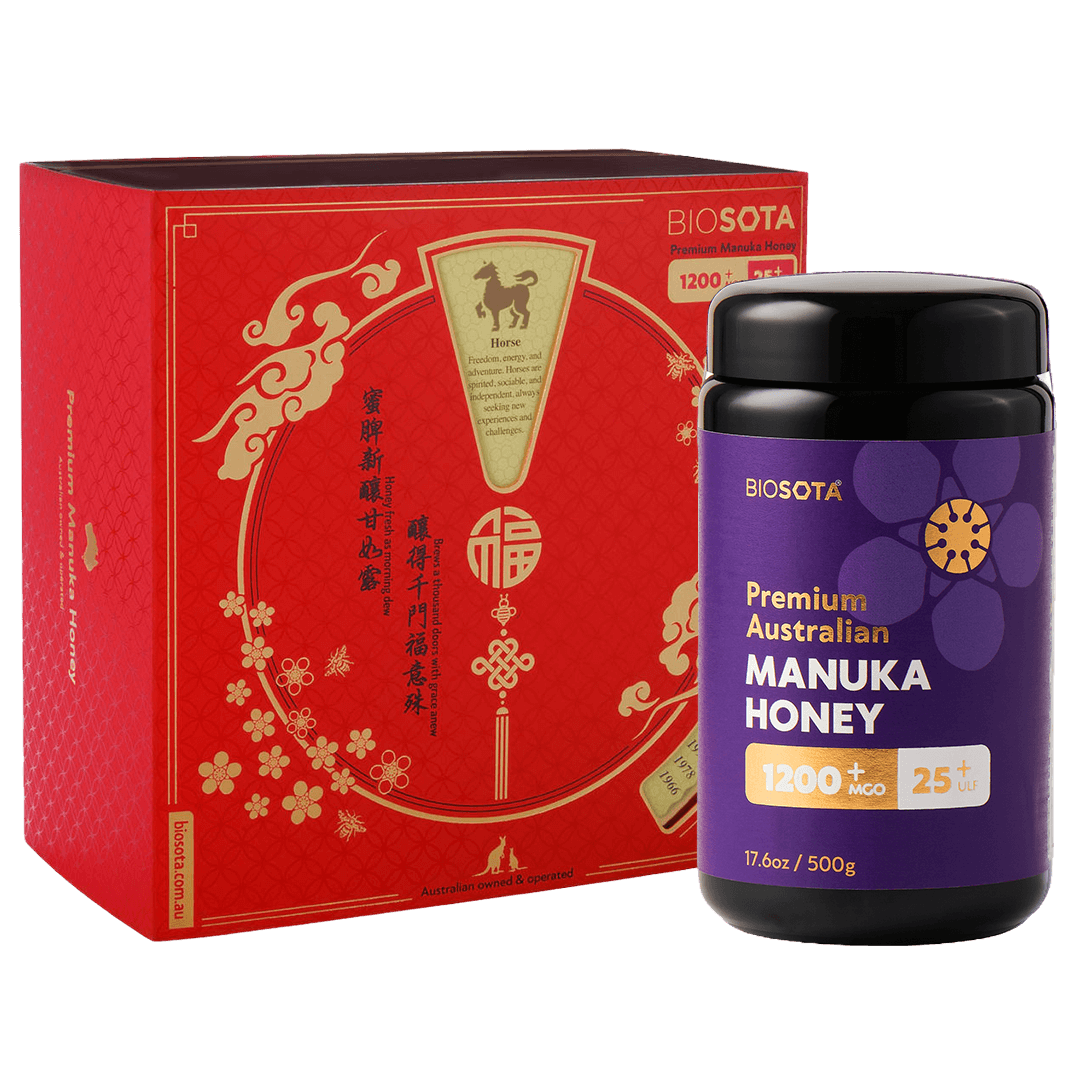 Premium Biosota Organics Manuka Honey MGO 1200+ 500g Lunar New Year luxury gift Box with glass