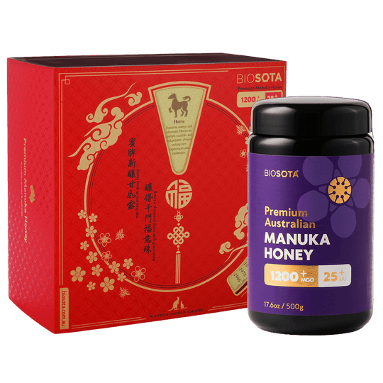 Premium Biosota Organics Manuka Honey MGO 1200+ 500g Lunar New Year luxury gift Box with glass