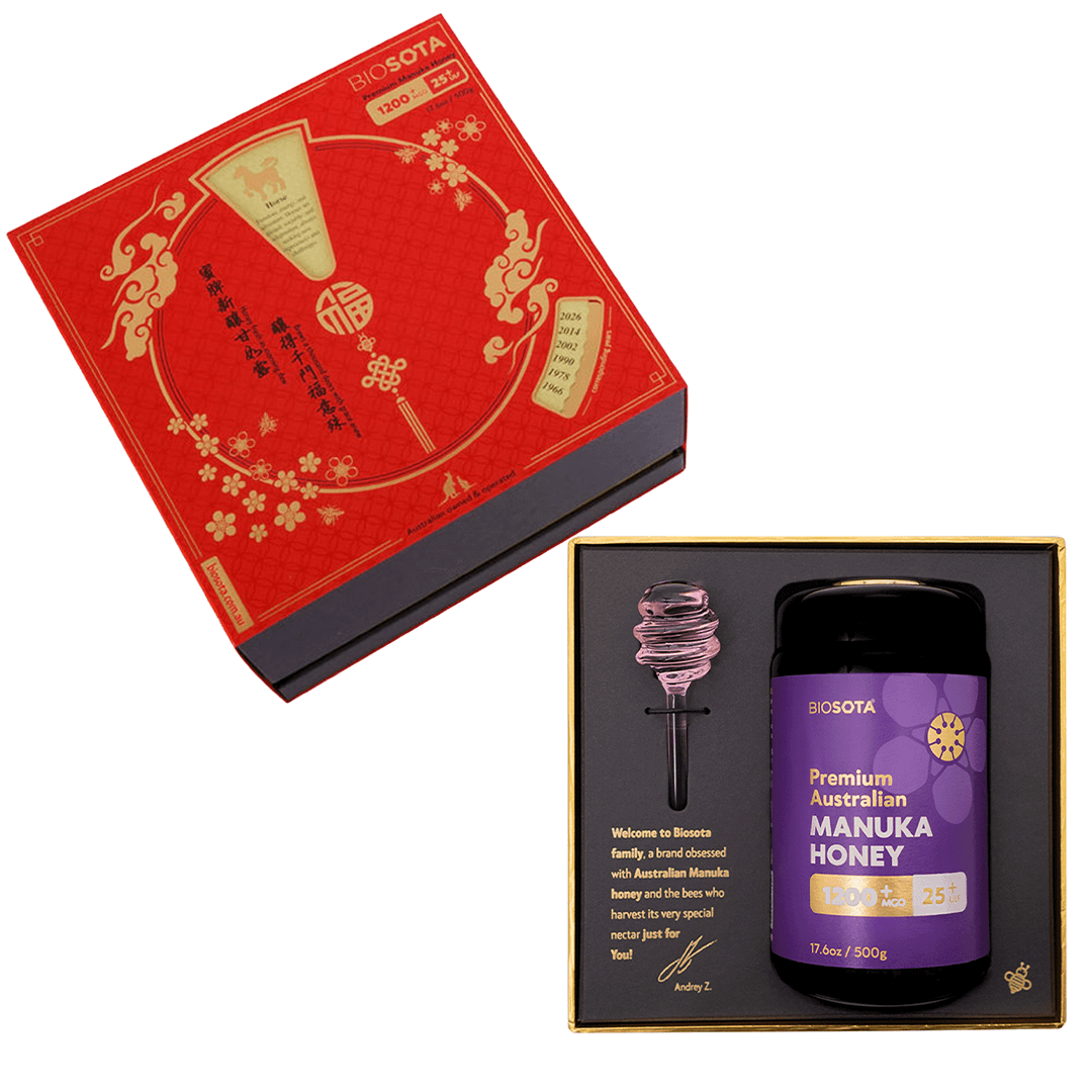 Premium Biosota Organics Manuka Honey MGO 1200+ 500g Lunar New Year Open luxury gift Box with glass and honey dipper