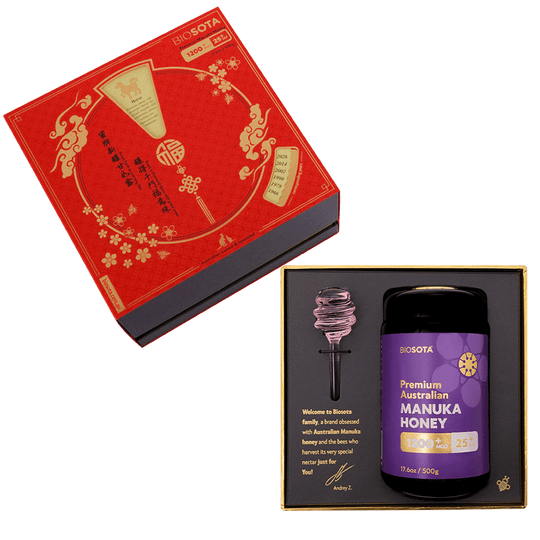 Premium Biosota Organics Manuka Honey MGO 1200+ 500g Lunar New Year Open luxury gift Box with glass and honey dipper