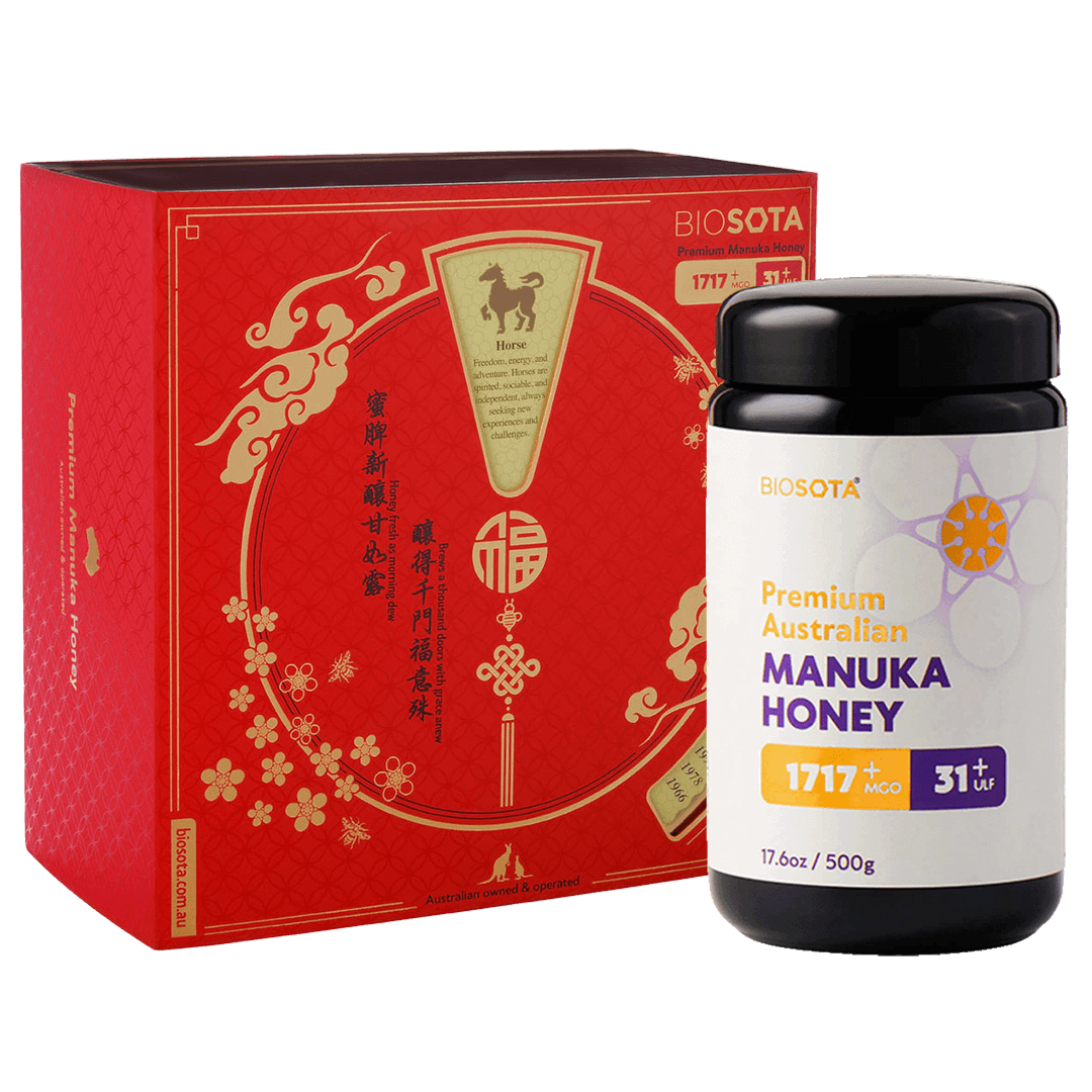 Premium Biosota Organics Manuka Honey MGO 1717+ 500g Lunar New Year luxury gift Box with glass