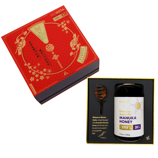 Premium Biosota Organics Manuka Honey MGO 1717+ 500g Lunar New Year Open luxury gift Box with glass and honey dipper