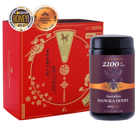 Premium Biosota Organics Manuka Honey MGO 2200+ 500g Lunar New Year luxury gift Box with glass