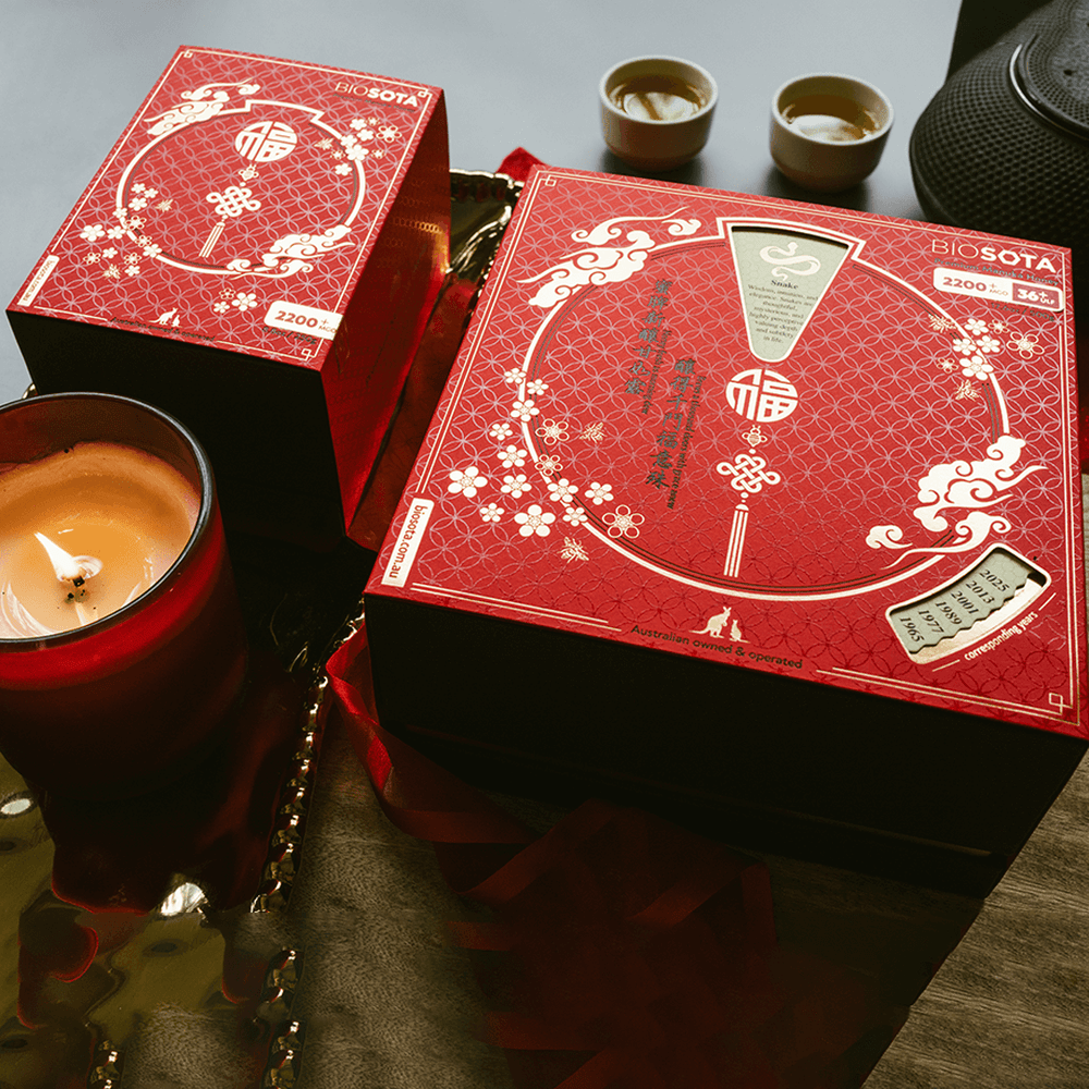 Premium Biosota Organics Manuka Honey MGO 2200+ 500g and 250g Lunar New Year luxury gift Box on table