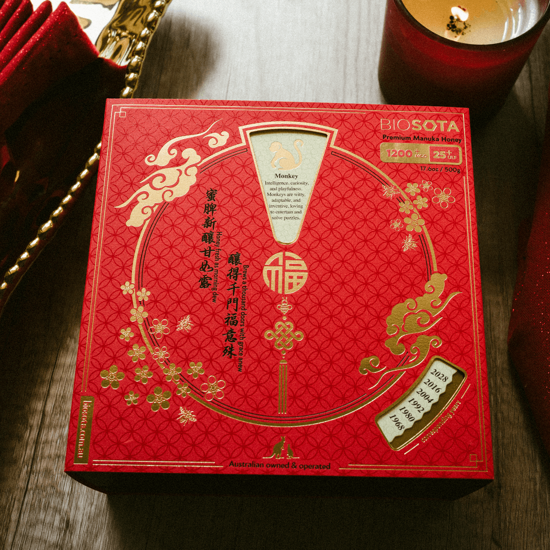 Premium Biosota Organics Manuka Honey MGO 1200+ 500g Lunar New Year luxury gift Box on a table