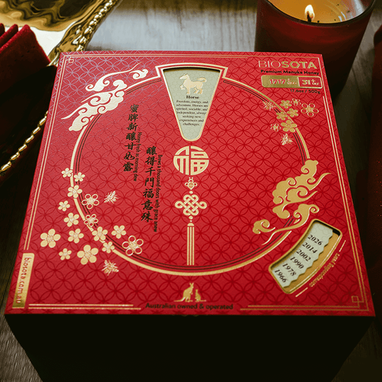 Premium Biosota Organics Manuka Honey MGO 1717+ 500g Lunar New Year luxury gift Box on table