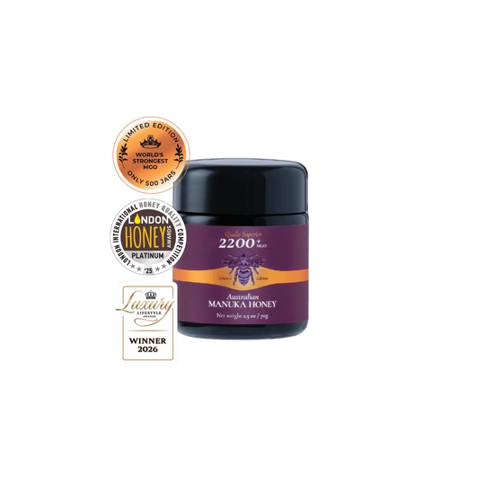 World's strongest Manuka Honey MGO 2200+ (70g) with award badges
