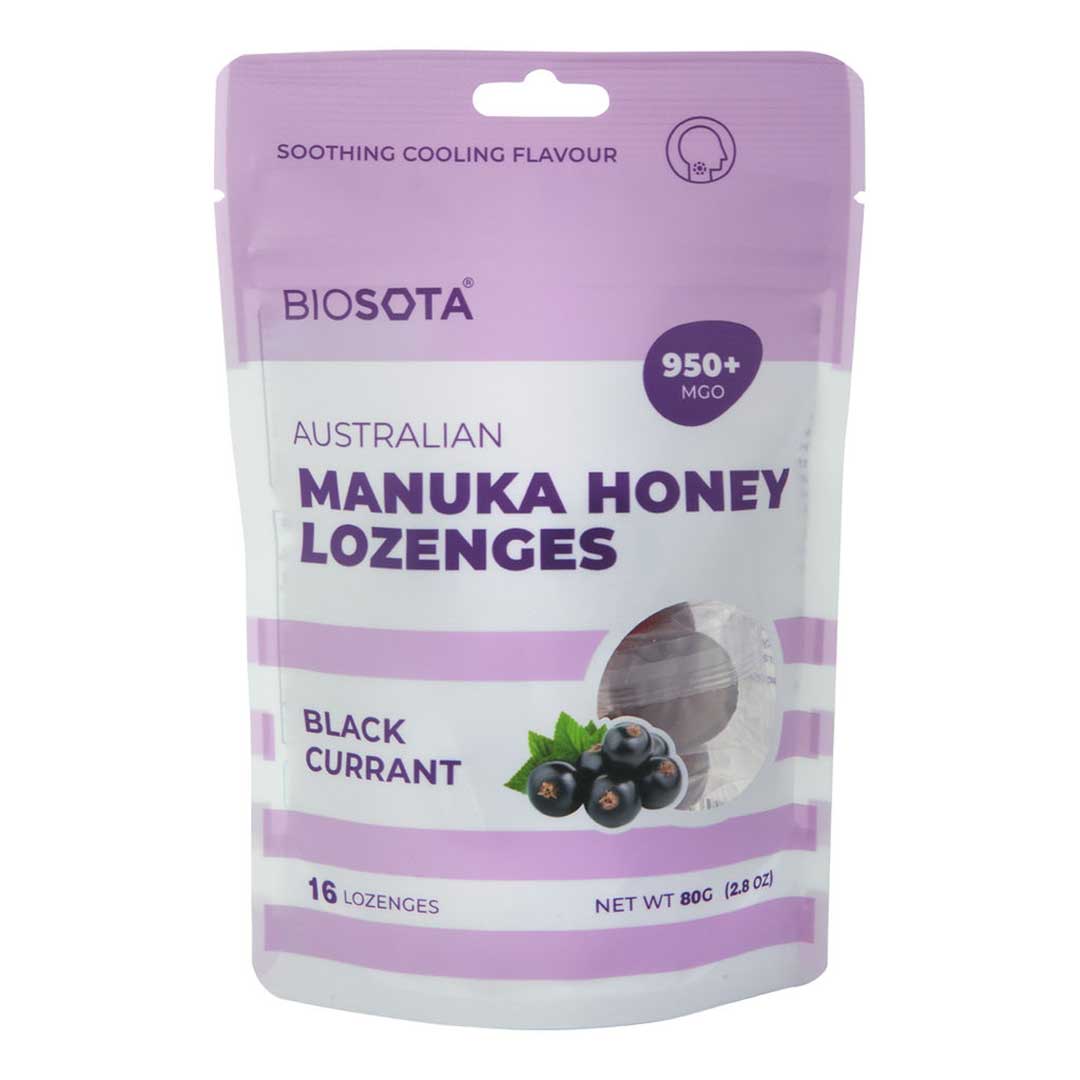 Manuka honey lozenges blackcurrant 2.8oz front